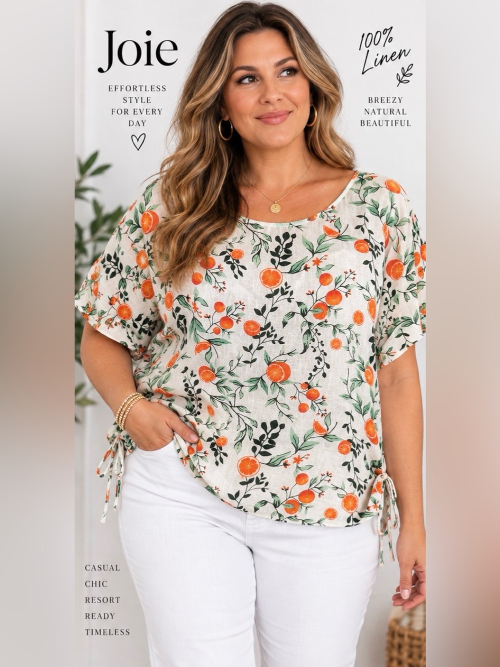 102 Joie 100% Linen Orange Citrus Floral Side Tie Blouse Top Size 2X